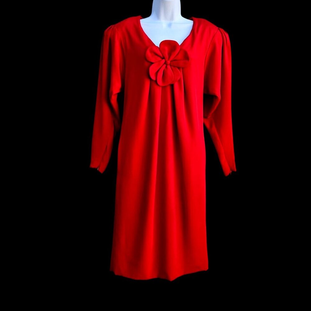 Vintage Stanley Platos Red Couture Silk Dress Pockets  Flower Detail Size 10